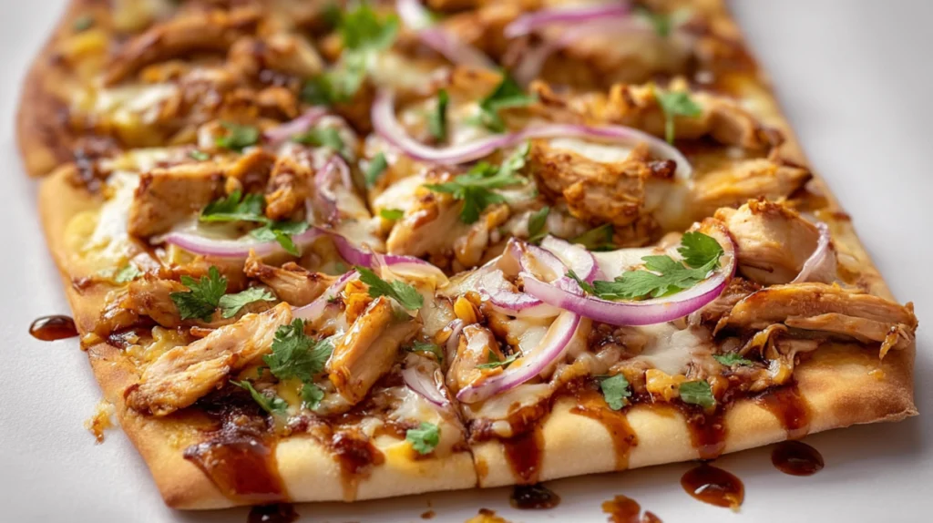 BBQ chicken flatbread topped with tender barbecue chicken, melted cheese, red onions, and fresh cilantro on a crispy crust.