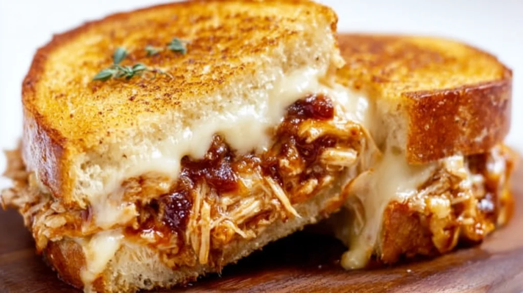 Golden BBQ chicken grilled cheese sandwich filled with tender barbecue chicken and melted cheese, toasted until crispy.