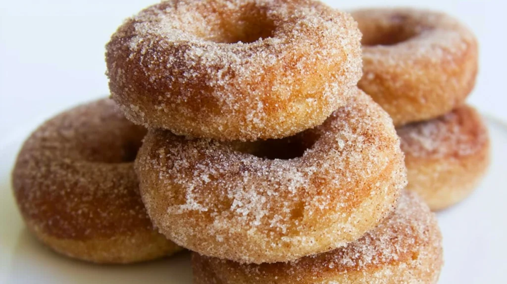 Baked apple cider donuts coated in cinnamon sugar, golden brown and served on a cooling rack.