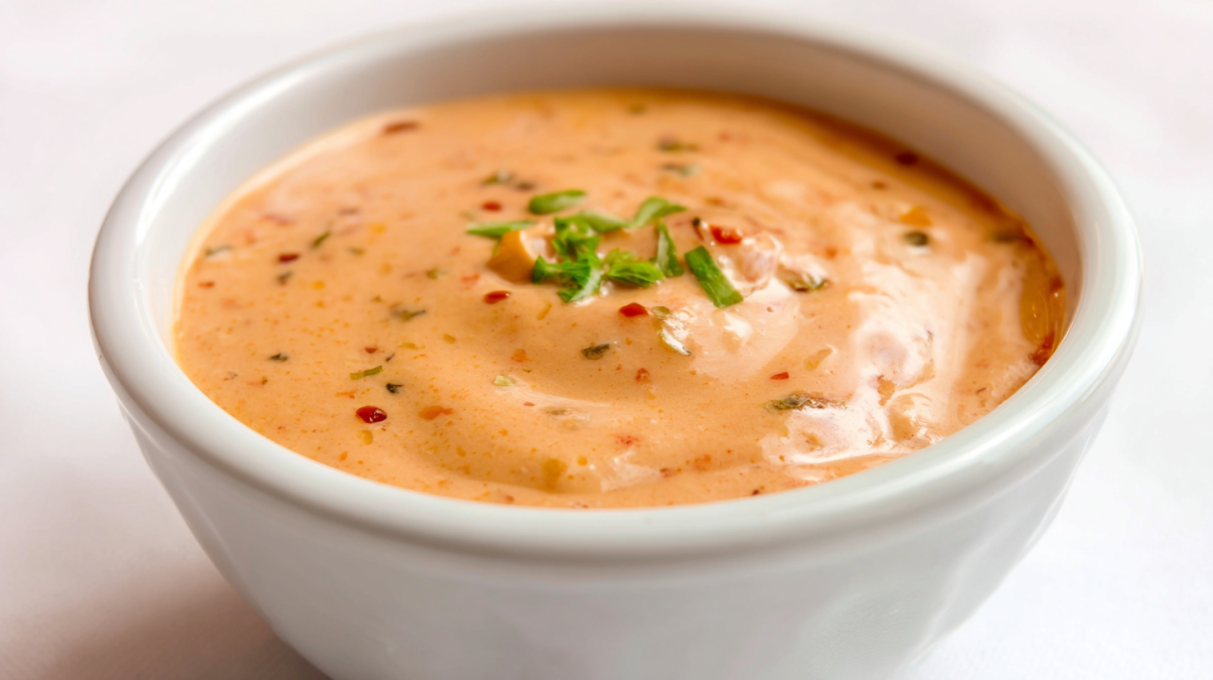 Creamy Bang Bang sauce served in a bowl, featuring a smooth sweet-and-spicy blend with a glossy finish.