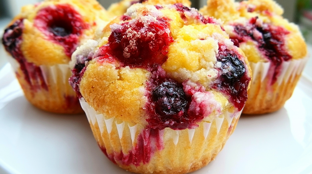 Berry cream cheese muffins baked until golden, filled with juicy mixed berries and a creamy cream cheese center.