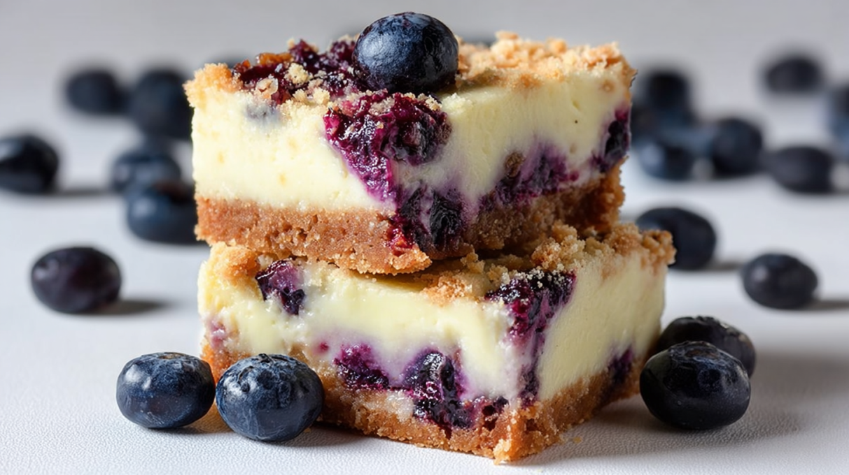 Creamy blueberry cheesecake bars topped with a vibrant blueberry layer and served in neat dessert squares.