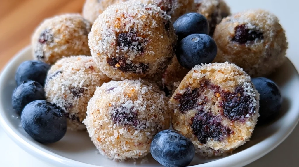 Blueberry cheesecake protein balls made with oats, protein powder, and dried blueberries, arranged on a plate.