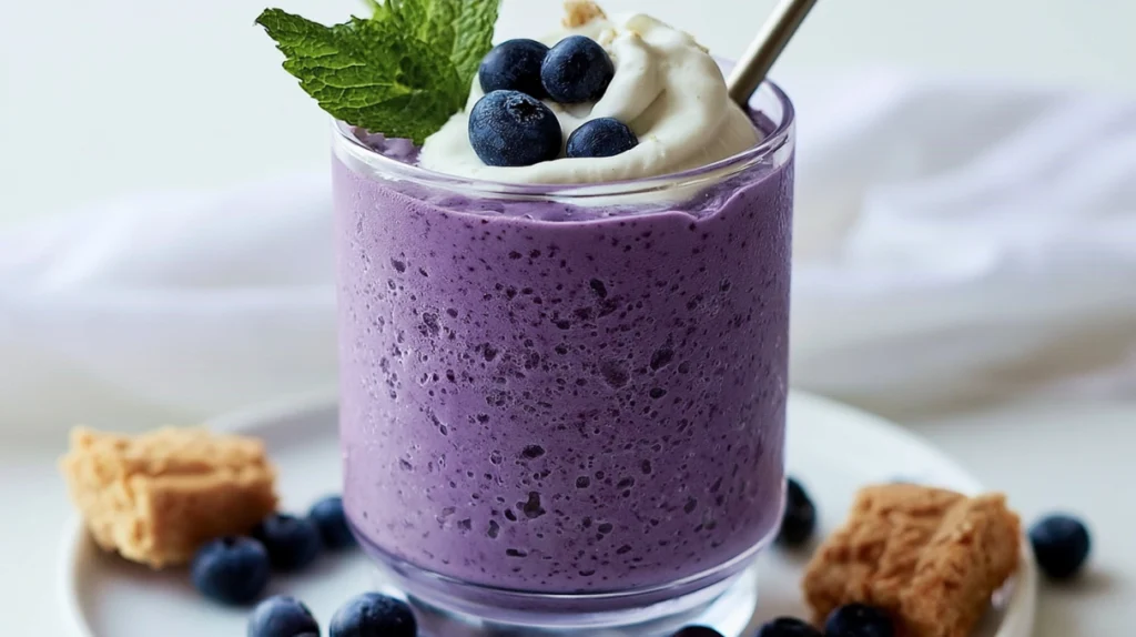 Blueberry cheesecake protein shake blended until smooth and creamy, topped with fresh blueberries and served in a glass.