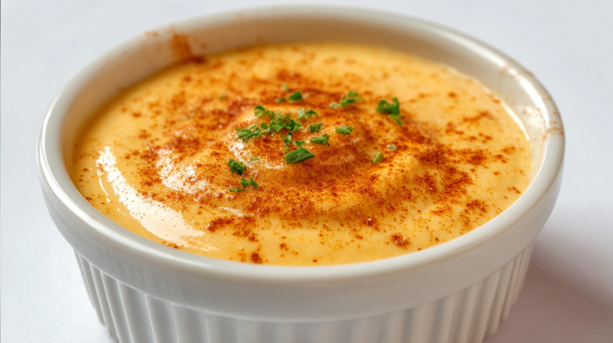 Creamy boom boom sauce served in a small bowl, garnished with spices and ready for dipping.
