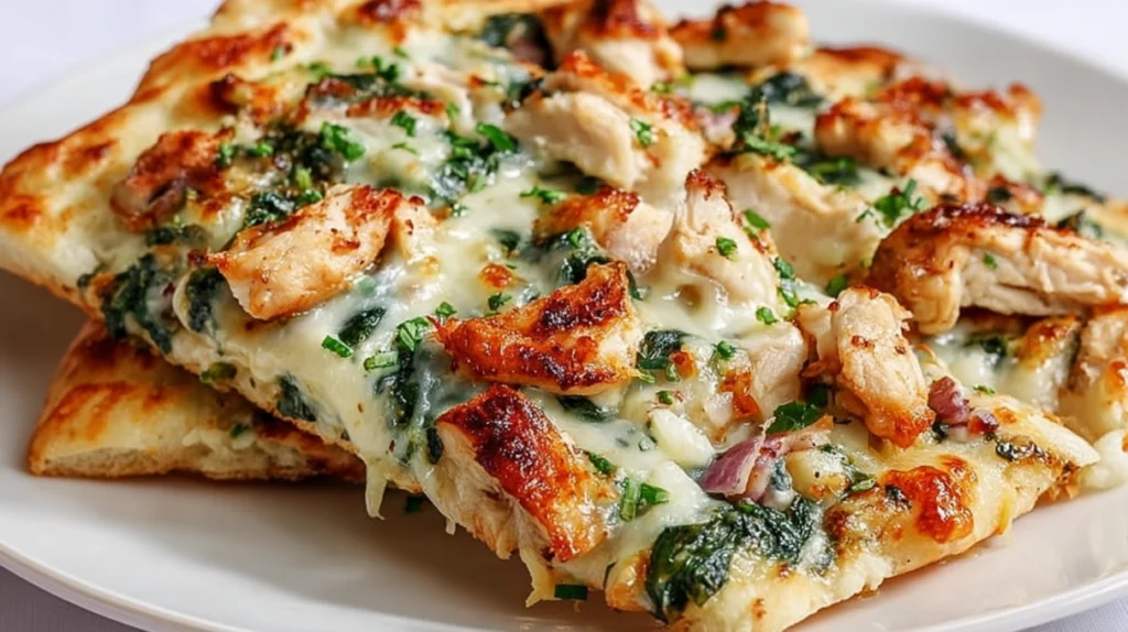 Chicken spinach flatbread topped with tender chicken, fresh spinach, melted cheese, and baked on a crispy flatbread crust.