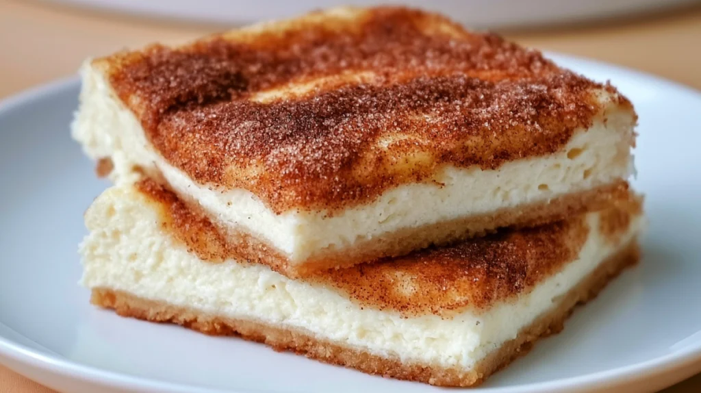 Churro cheesecake bars layered with creamy cheesecake and coated with a sweet cinnamon sugar topping.