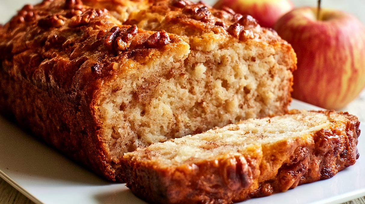 Cinnamon apple bread baked until golden, filled with tender apple pieces and swirls of cinnamon, sliced for serving.