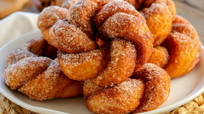 Cinnamon sugar twist donuts fried until golden and coated in a sweet cinnamon sugar mixture.
