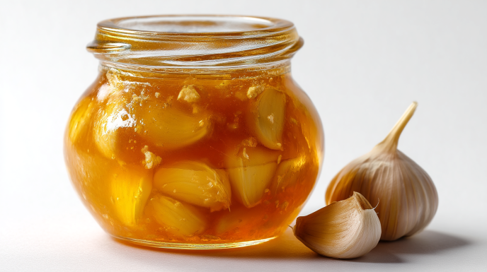 Fermented honey garlic in a glass jar, featuring whole garlic cloves submerged in golden honey.