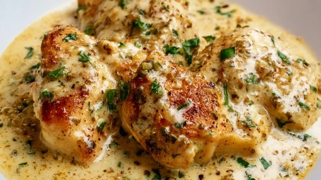 Juicy garlic chicken cooked until golden and coated in a rich garlic butter sauce, garnished with fresh herbs.