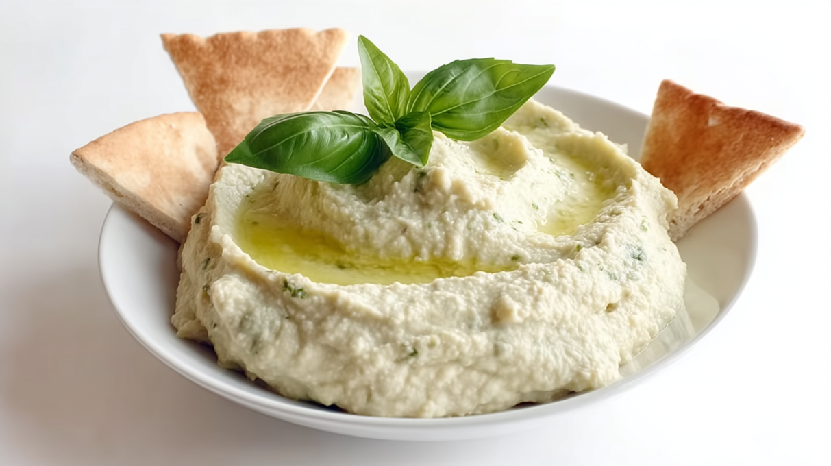Garlic white bean basil hummus served in a bowl, topped with fresh basil, olive oil, and white beans.
