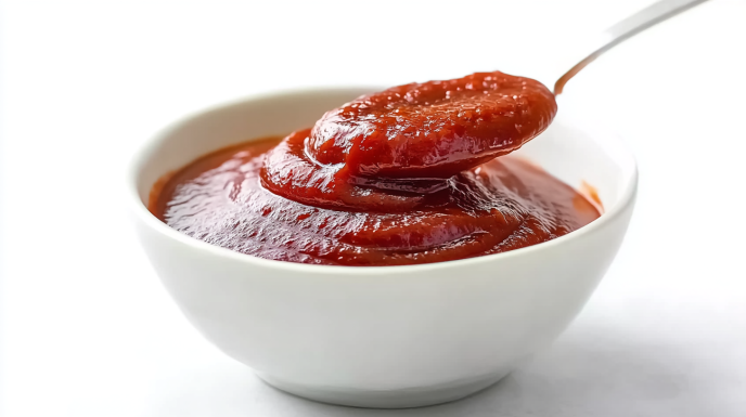 Homemade gochujang sauce served in a bowl, featuring a rich red color and a smooth sweet-and- spicy texture.