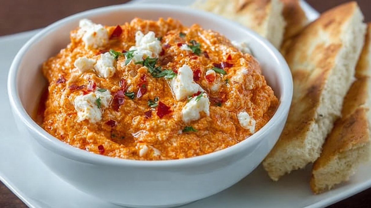 Greek red pepper feta dip blended until creamy and topped with olive oil, herbs, and roasted red peppers.