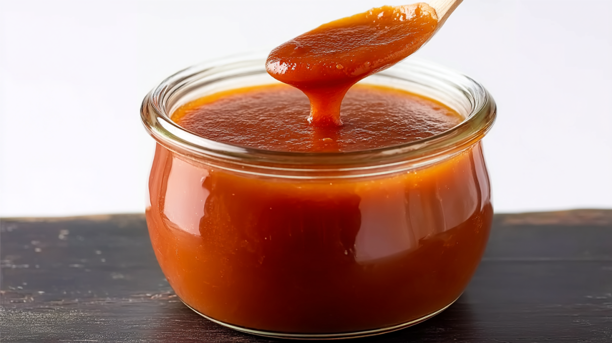 Honey bourbon BBQ sauce served in a bowl, featuring a rich glossy texture and deep caramelized color.