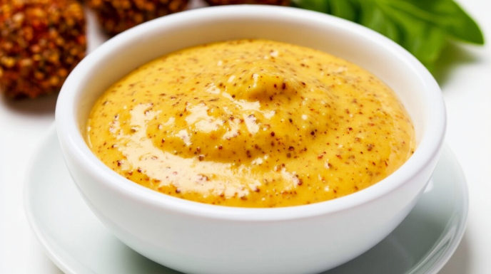 Homemade honey mustard sauce served in a bowl, featuring a smooth creamy texture and golden color.