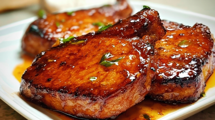Honey sriracha pork chops glazed with a sticky sweet-and-spicy sauce and cooked until juicy and caramelized.