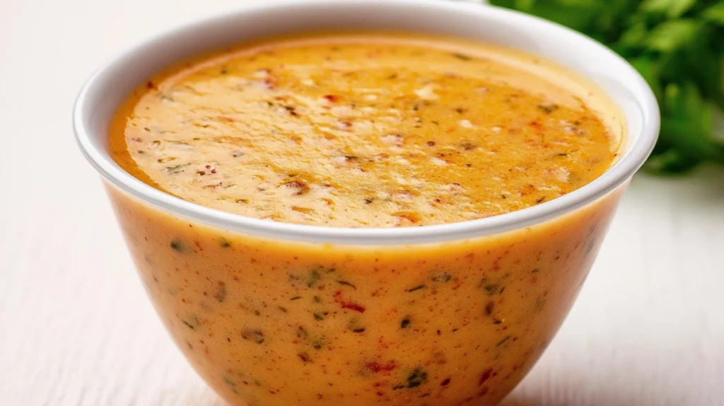 Hot honey ranch sauce served in a bowl, featuring a creamy texture with a sweet and spicy flavor profile.