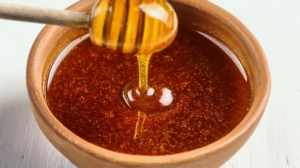Homemade hot honey sauce drizzled from a spoon, featuring a glossy blend of honey, chili flakes, and spices.