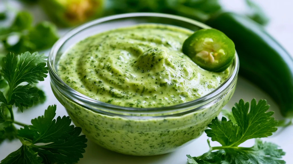 Jalapeño cilantro lime dressing served in a bowl, blended until smooth with fresh cilantro, jalapeños, and lime juice.