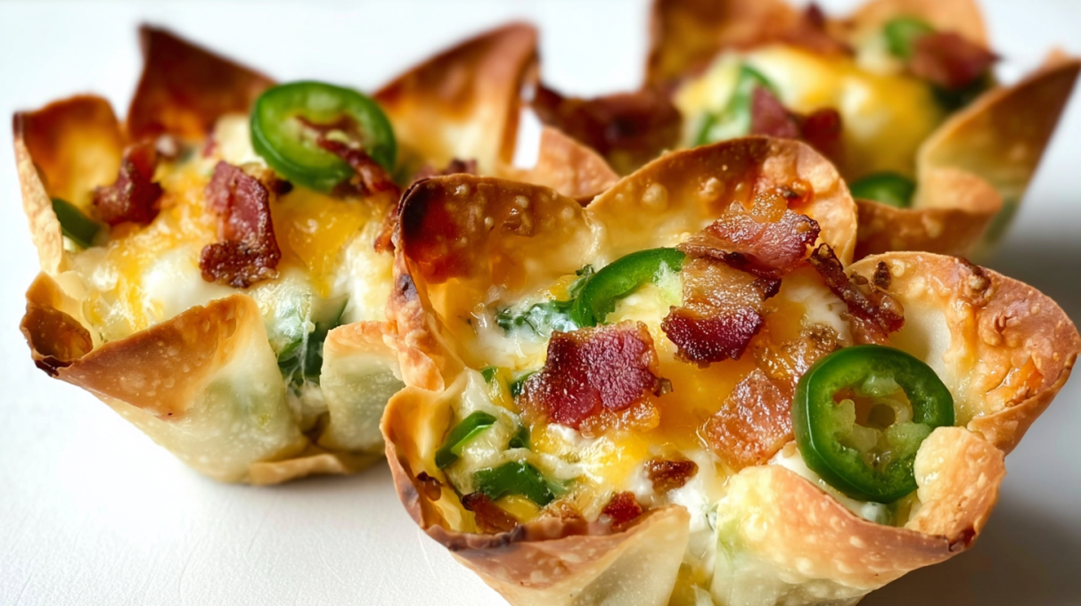Crispy jalapeño popper wonton cups filled with creamy cheese, jalapeños, and topped with crispy bacon.