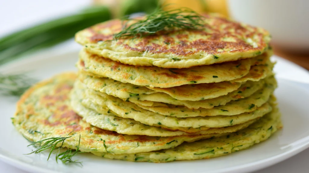 Keto zucchini tortillas cooked until golden and flexible, stacked and ready for wraps, tacos, or sandwiches.