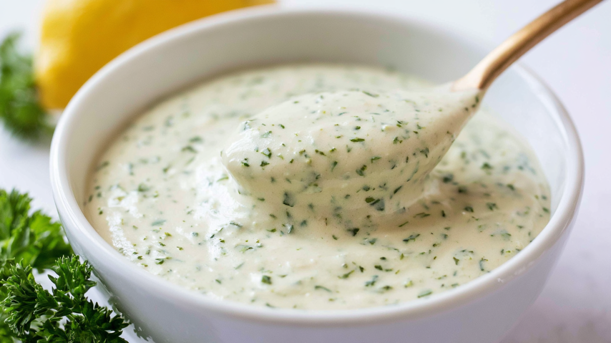 Lemon herb tahini sauce served in a bowl, blended with tahini, fresh herbs, and bright lemon juice.