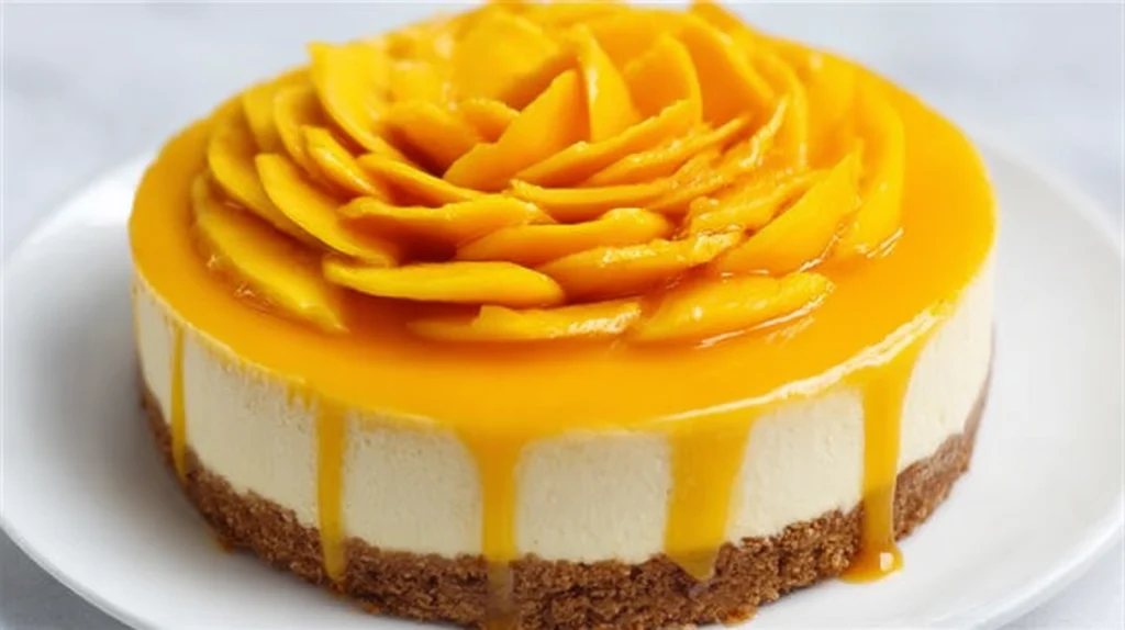 Creamy mango cheesecake topped with fresh mango slices and a glossy mango glaze on a buttery crust.
