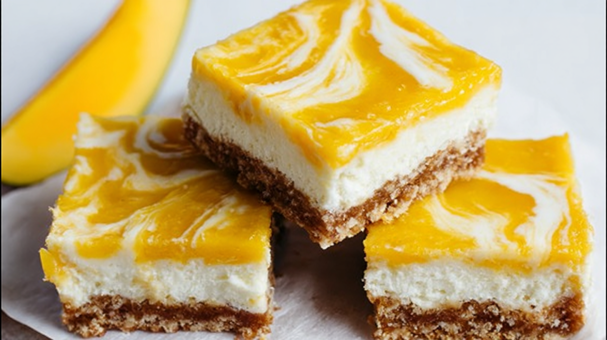 Creamy mango cheesecake bars with a smooth mango topping and buttery crust, cut into perfect dessert squares.