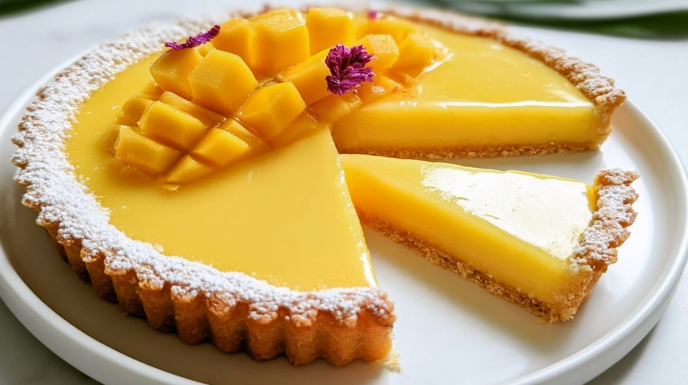 Mango curd tart filled with smooth tropical mango curd in a buttery pastry crust and garnished with fresh mango slices.