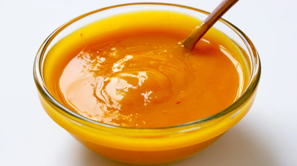 Mango habanero sauce served in a bowl, featuring a vibrant orange color and a smooth sweet-and-spicy texture.