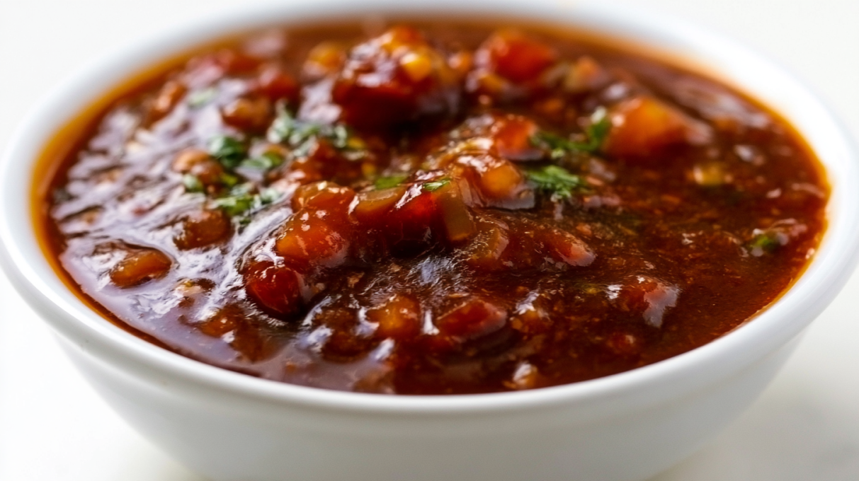 Maple chipotle sauce served in a bowl, featuring a smooth smoky blend of maple syrup, chipotle peppers, and spices.
