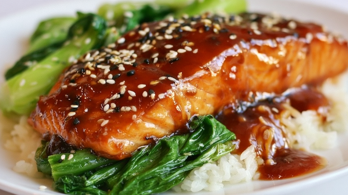 Miso glazed baked salmon served with sesame bok choy, featuring tender flaky salmon coated in a savory miso glaze.