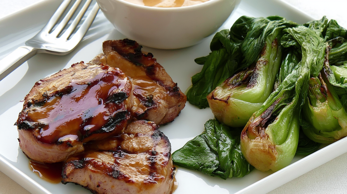 Miso maple glazed grilled pork served with baby bok choy, featuring juicy pork coated in a glossy sweet and savory glaze.