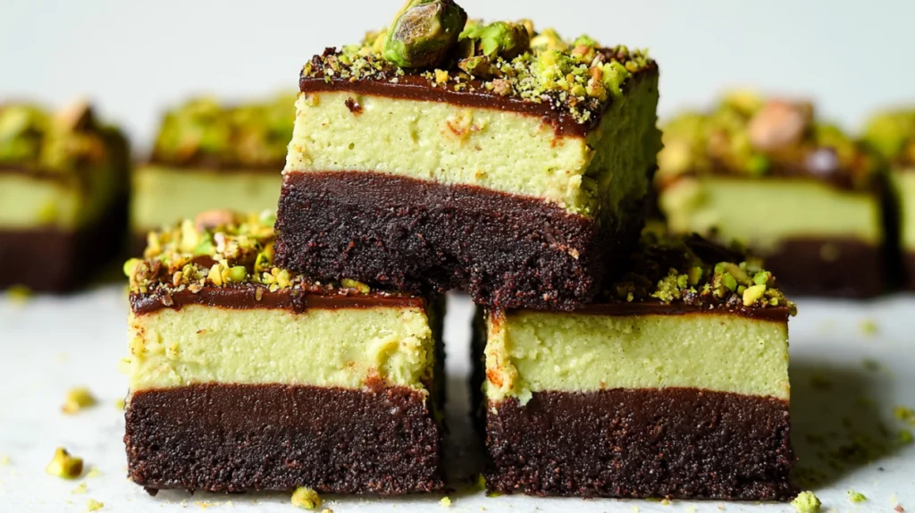 No-bake chocolate pistachio cheesecake bars layered with creamy cheesecake, rich chocolate, and crunchy pistachios.