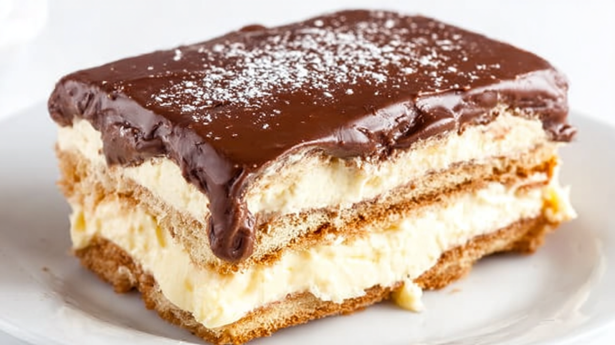 Creamy no bake éclair cake layered with graham crackers, vanilla pudding, and rich chocolate topping.
