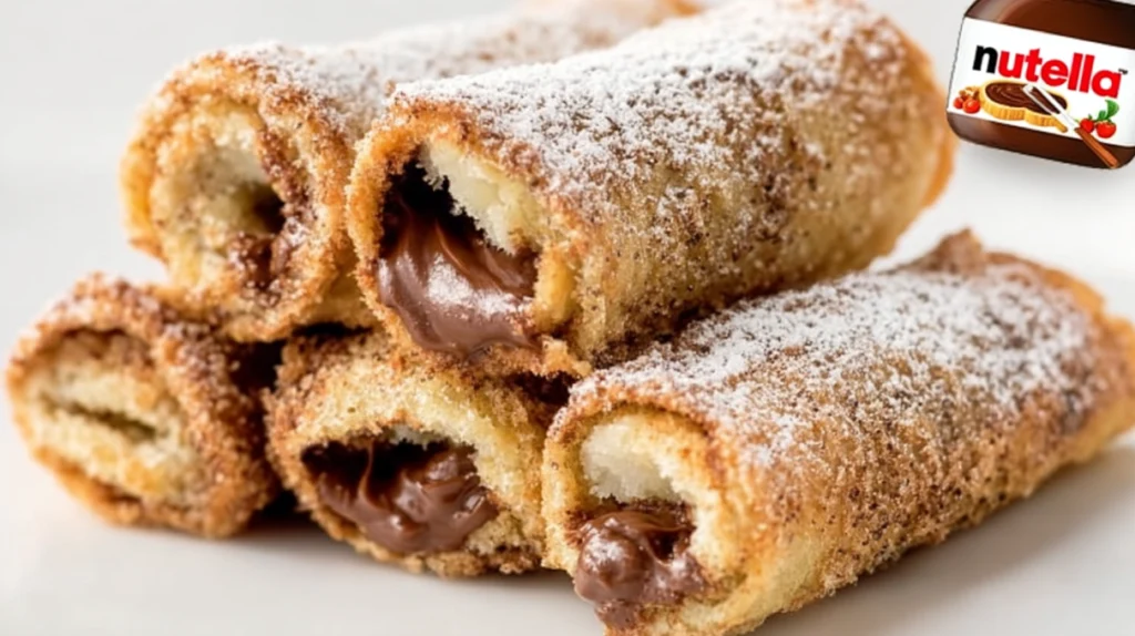 Golden Nutella French toast roll ups filled with melted chocolate hazelnut spread and dusted with powdered sugar.