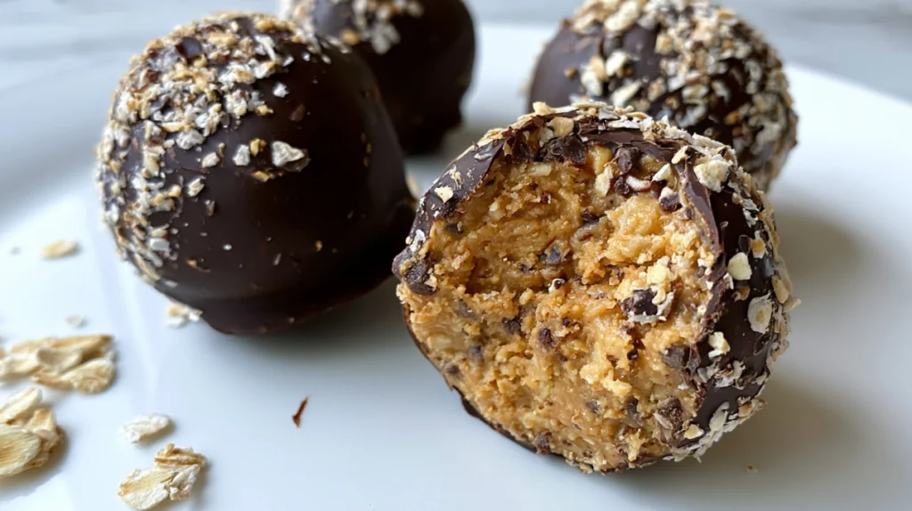 Peanut butter oat and dark chocolate bites made with oats, creamy peanut butter, and rich dark chocolate, arranged on a plate.