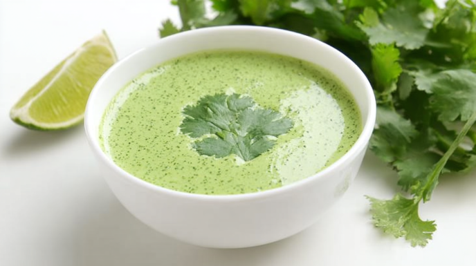 Creamy Peruvian green sauce served in a bowl, made with fresh herbs, jalapeños, and a vibrant green color.