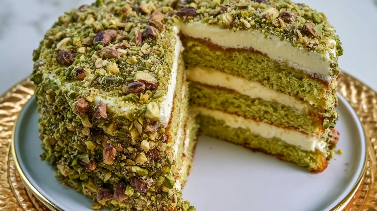 Pistachio layer cake with mascarpone frosting, topped with chopped pistachios and decorated with smooth creamy layers.
