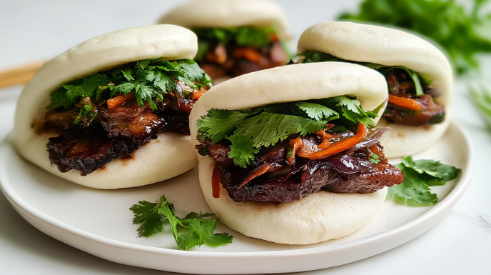Soft pork bao buns filled with tender pork, fresh vegetables, and flavorful sauce, served in a bamboo steamer.