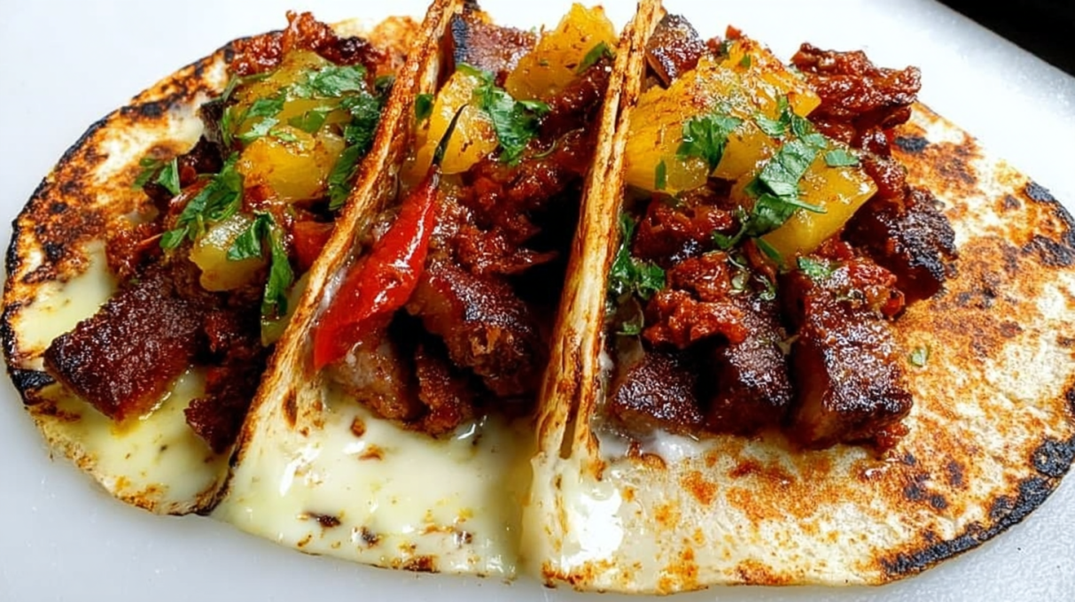 Crispy pork belly tacos topped with fresh salsa, cilantro, and lime, served in warm corn tortillas.