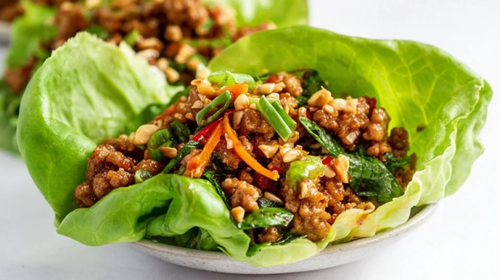 Pork lettuce wraps filled with seasoned ground pork, fresh vegetables, and crunchy lettuce leaves.