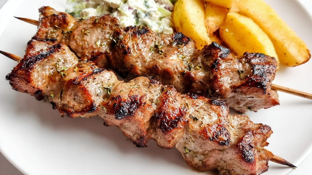 Grilled pork souvlaki skewers marinated in Mediterranean spices and served with lemon wedges and fresh herbs.
