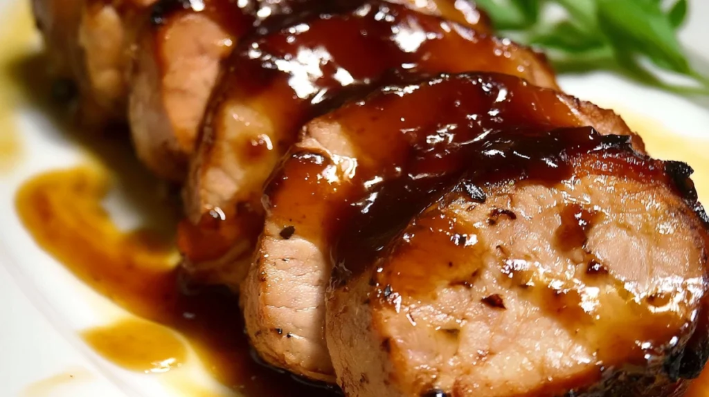 Pork tenderloin with honey garlic sauce sliced and served with a glossy sweet-savory glaze and fresh herbs.