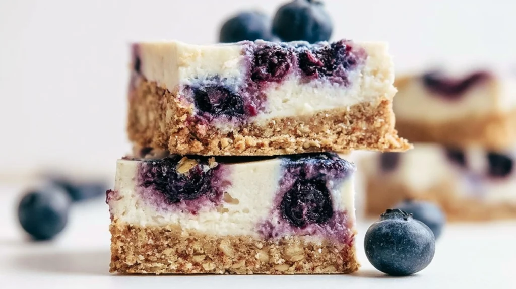 Protein blueberry cheesecake bars layered with a creamy cheesecake filling, juicy blueberries, and a wholesome high-protein crust.