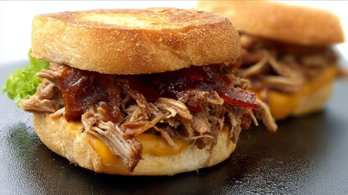 Pulled pork sandwich piled high with tender barbecue pork and crunchy coleslaw on a soft toasted bun.