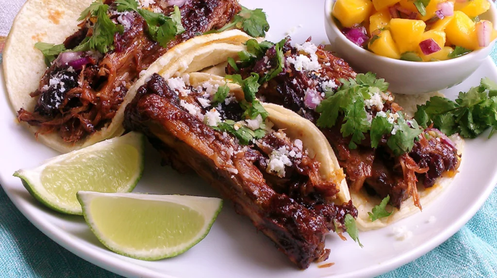 Pulled pork tacos topped with fresh mango salsa, cilantro, and lime, served in warm tortillas.