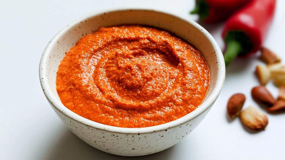 Roasted pepper romesco sauce served in a bowl, made with roasted red peppers, nuts, garlic, and olive oil.