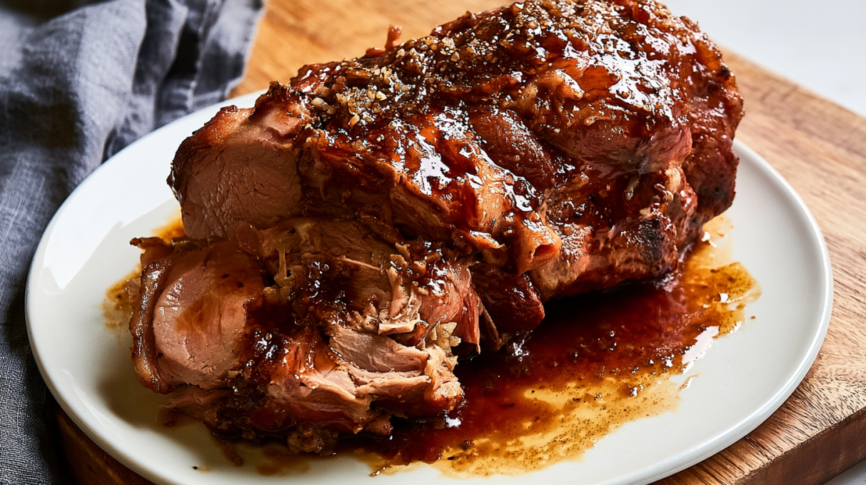 Slow-cooker pork shoulder cooked until tender with a rich brown sugar glaze and served with savory juices.